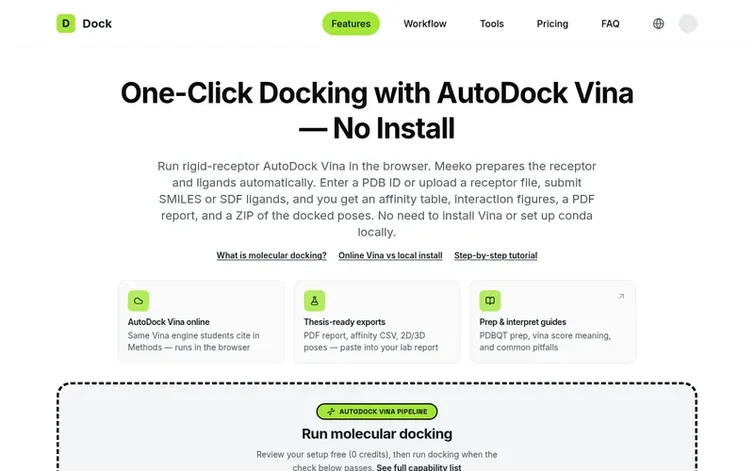 Screenshot of the Dock homepage