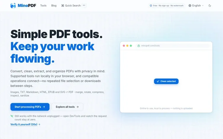 Screenshot of the MinoPDF homepage