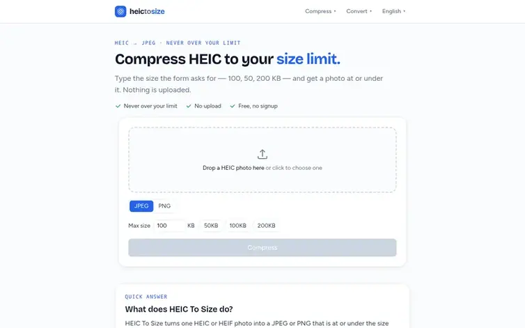 Screenshot of the HEIC To Size homepage