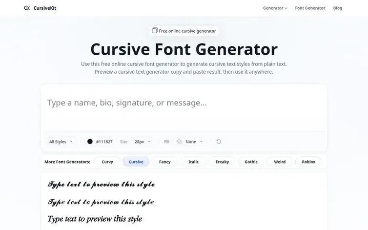 Screenshot of the CursiveKit homepage