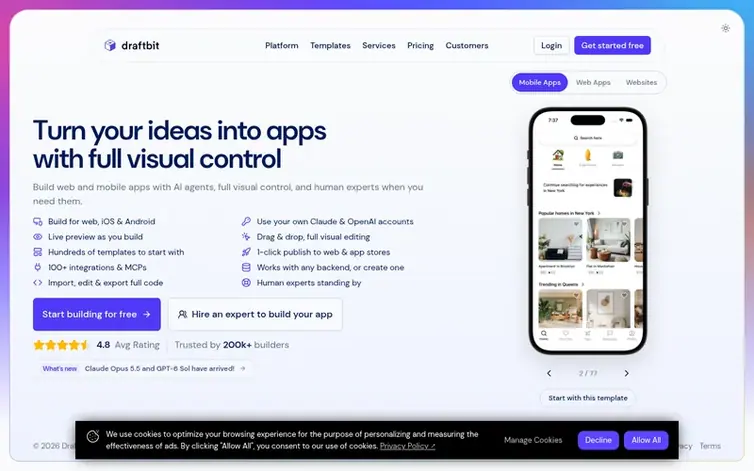 Screenshot of the Draftbit homepage