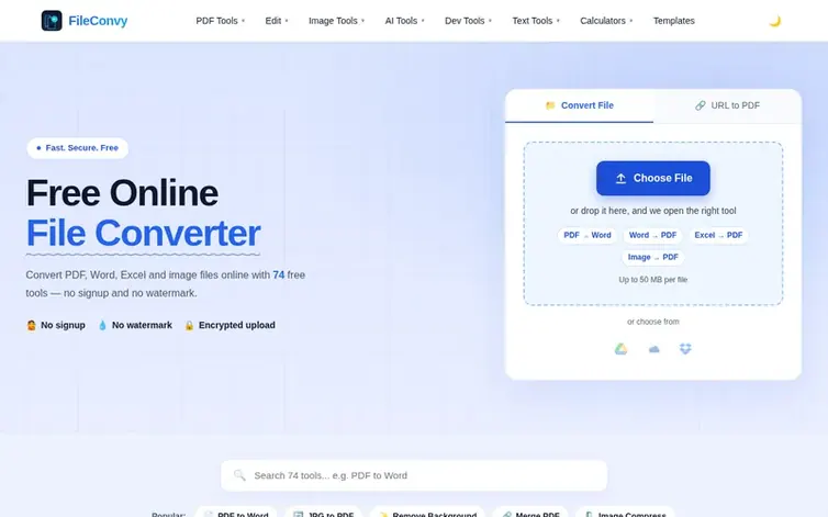 Screenshot of the FileConvy homepage