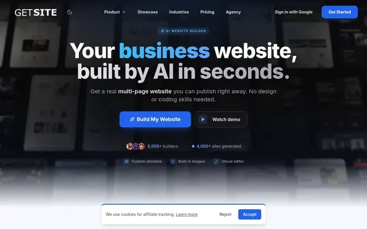 Screenshot of the GetSite homepage