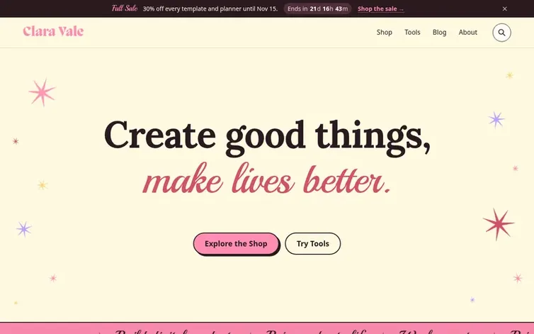 Screenshot of the Clara Vale Studio homepage