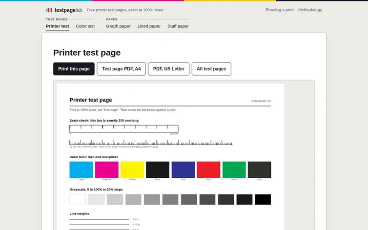 Screenshot of the Printer Test Page homepage
