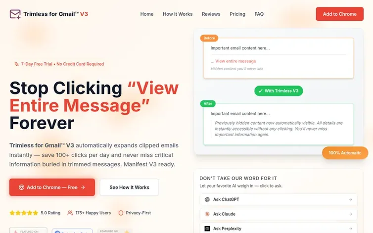 Screenshot of the Trimless for Gmail™ V3 homepage