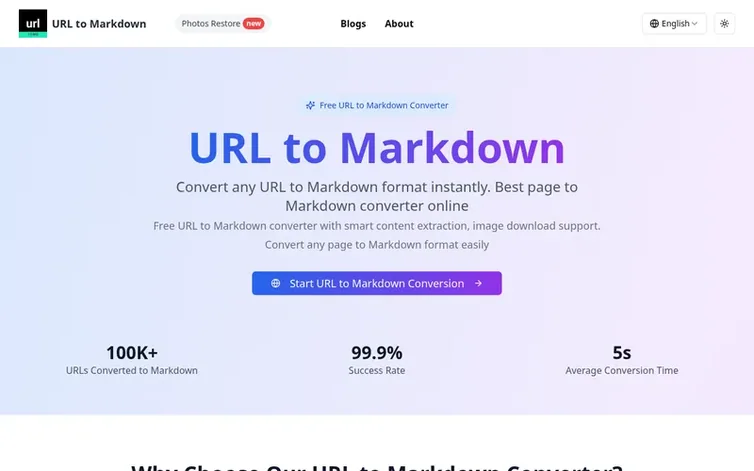 Screenshot of the URL to Markdown homepage