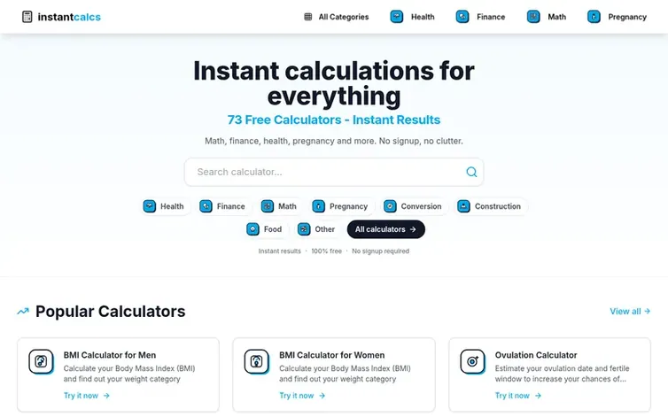 Screenshot of the InstantCalcs homepage