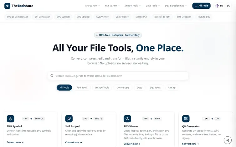 Screenshot of the TheToolsAura homepage