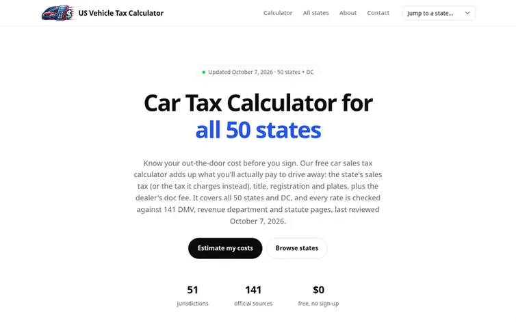 Screenshot of the US Vehicle Tax Calculator homepage