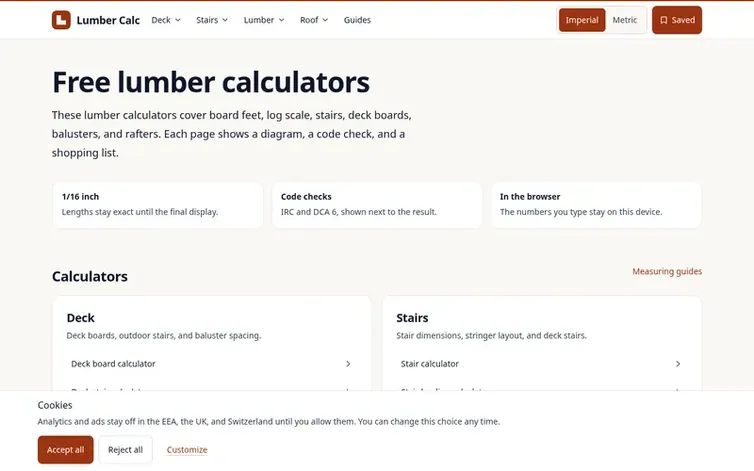 Screenshot of the Lumber Calc homepage