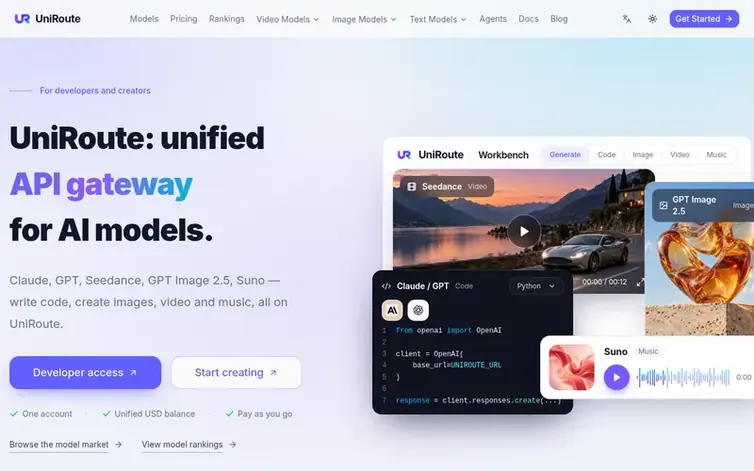 Screenshot of the UniRoute homepage