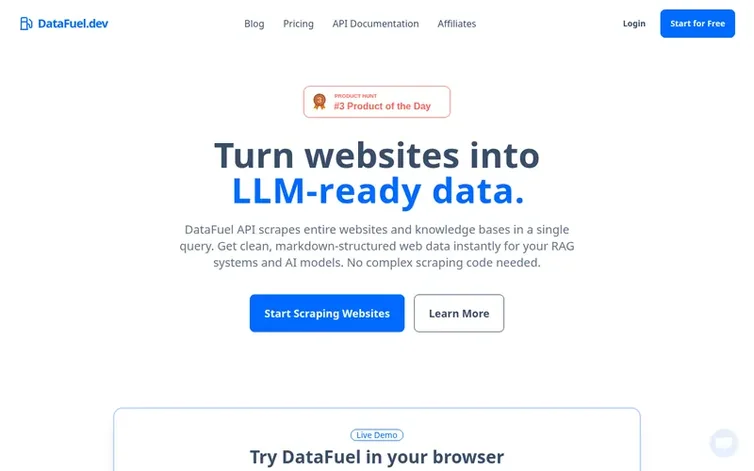Screenshot of the DataFuel homepage