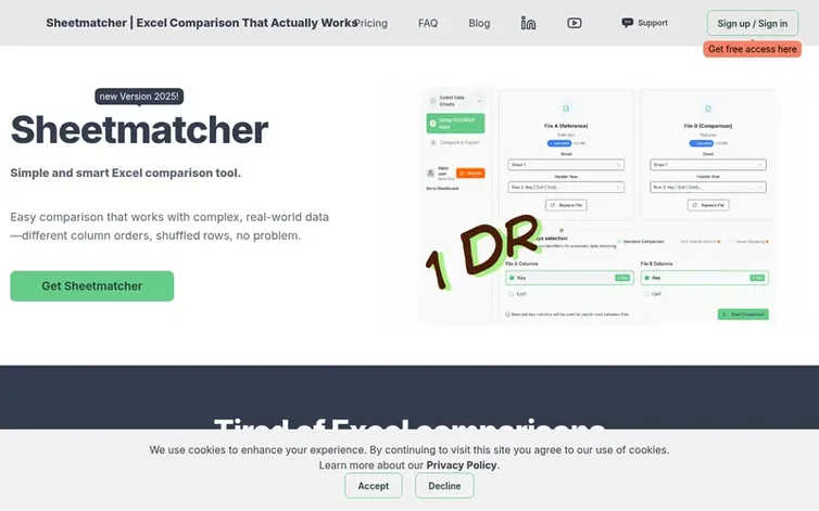 Screenshot of the Sheetmatcher homepage