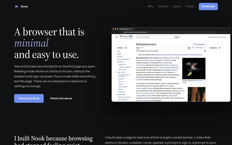Screenshot of the Nook homepage