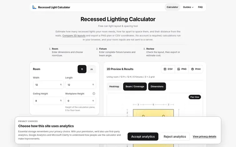 Screenshot of the Recessed Light Calculator homepage