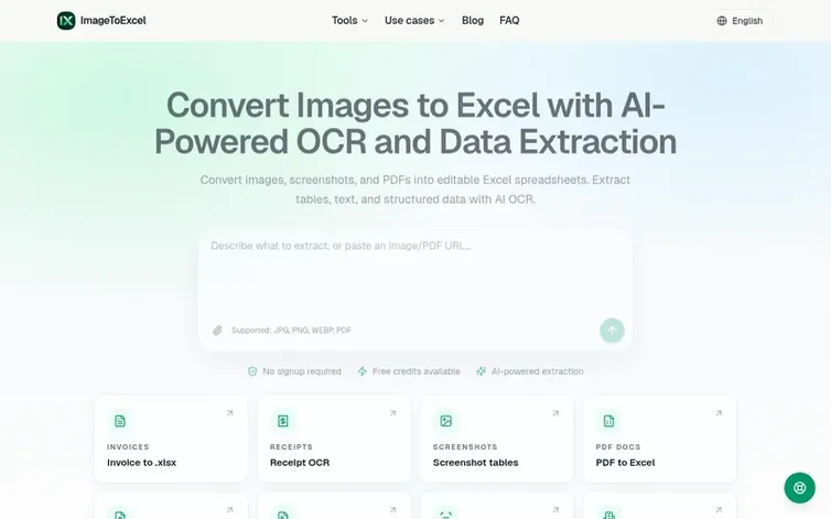 Screenshot of the ImageToExcel homepage