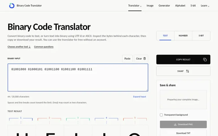 Screenshot of the Binary Code Translator homepage