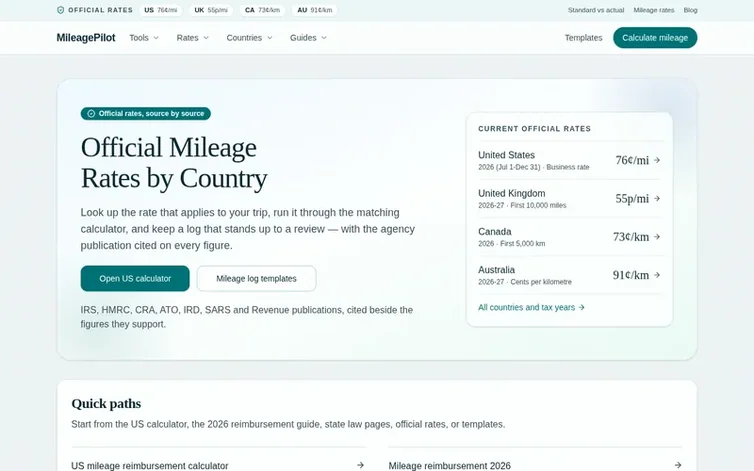 Screenshot of the MileagePilot homepage