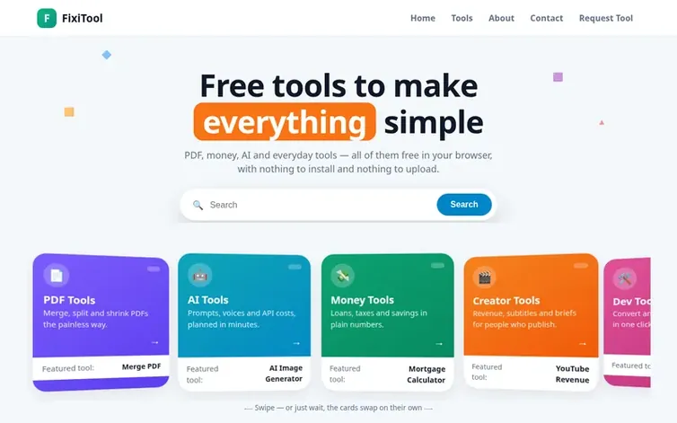 Screenshot of the FixiTool homepage