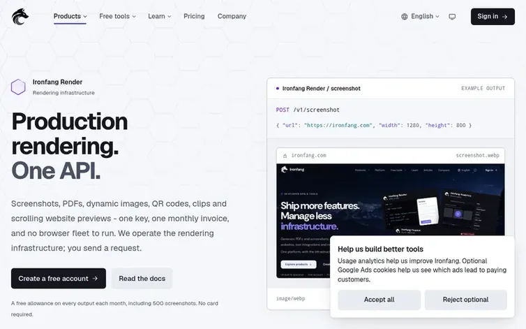 Screenshot of the Ironfang Render homepage