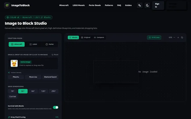 Screenshot of the ImageToBlock homepage