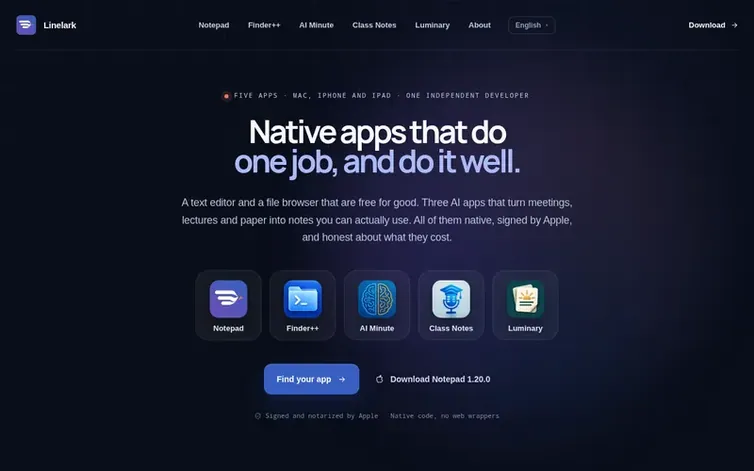 Screenshot of the Linelark homepage
