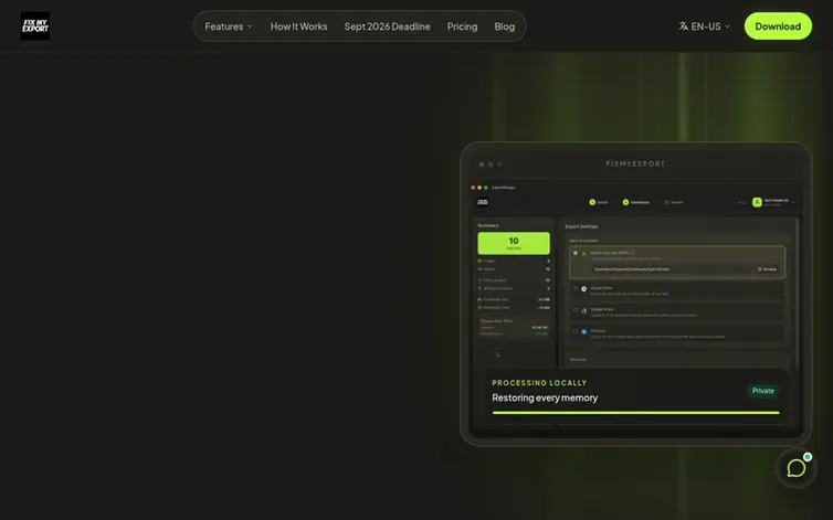 Screenshot of the FixMyExport homepage