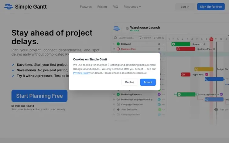 Screenshot of the Simple Gantt homepage