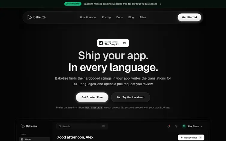 Screenshot of the Babelize homepage