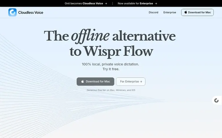 Screenshot of the Cloudless Voice homepage