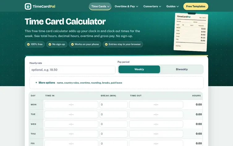 Screenshot of the TimeCardPal homepage