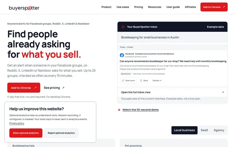 Screenshot of the BuyerSpotter homepage