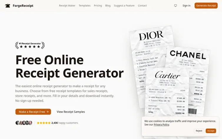 Screenshot of the ForgeReceipt homepage