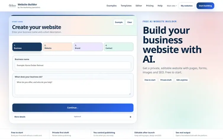 Screenshot of the The Marketing Specialists Free AI Website Builder homepage