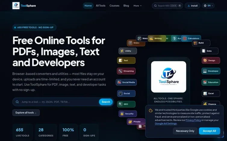 Screenshot of the ToolSphare homepage