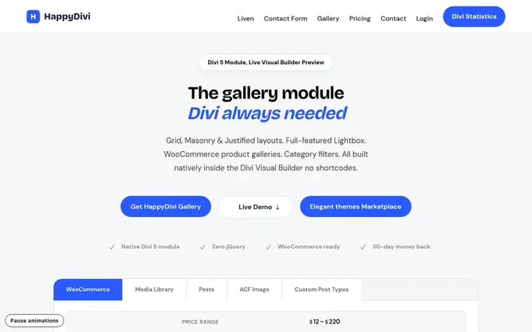 Screenshot of the HappyDivi Gallery homepage
