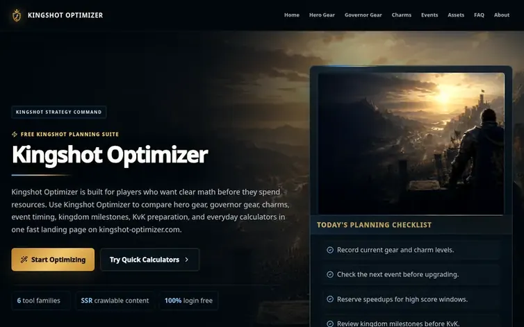 Screenshot of the Kingshot Optimizer homepage