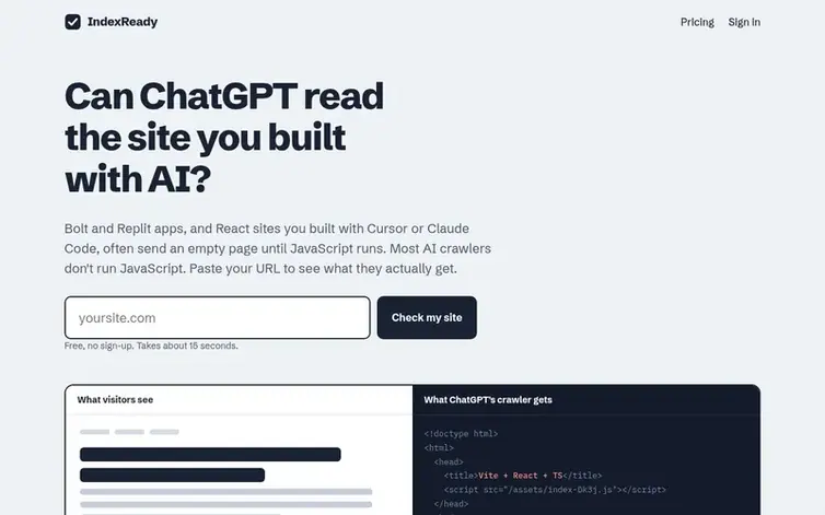 Screenshot of the IndexReady homepage