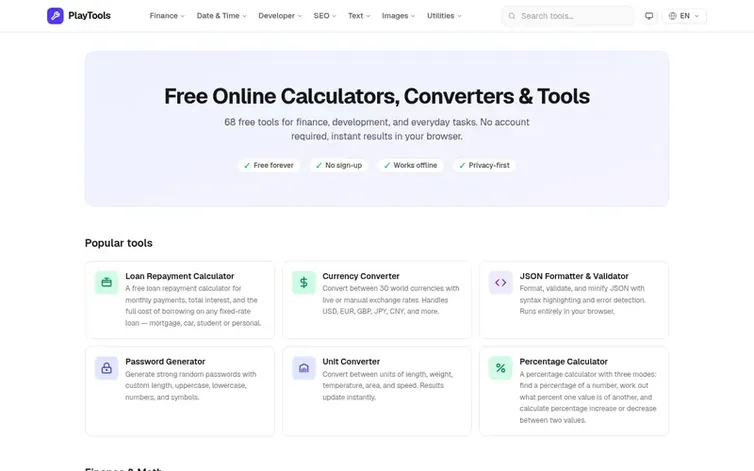 Screenshot of the PlayTools homepage