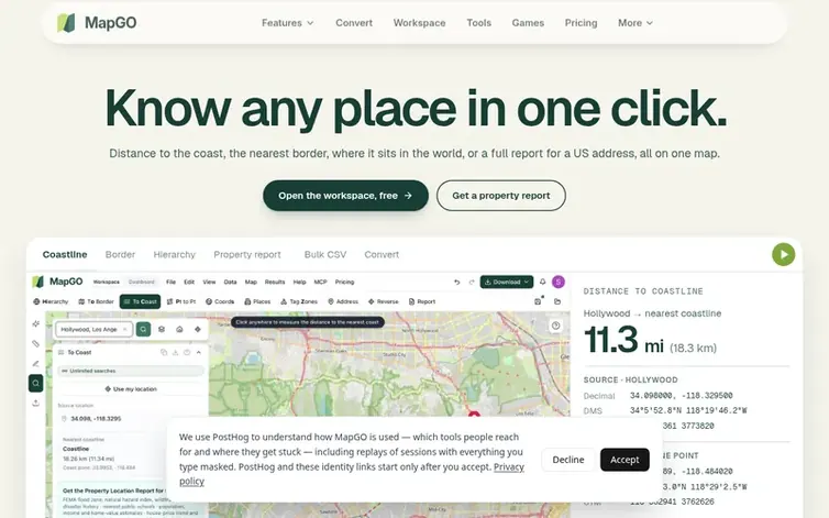 Screenshot of the MapGO homepage