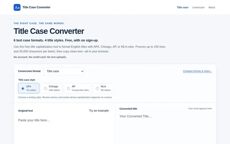 Screenshot of the Title Case Converter homepage