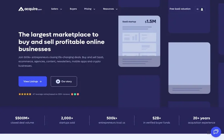 Screenshot of the Acquire.com™ homepage