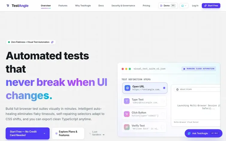 Screenshot of the TestAngle homepage