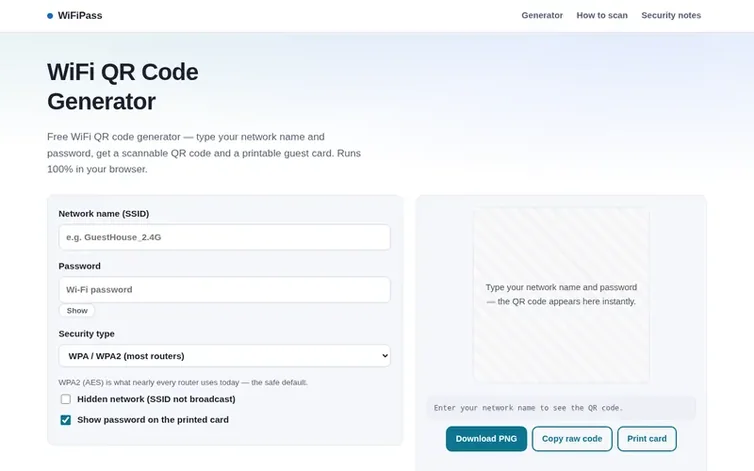 Screenshot of the WiFiPass homepage