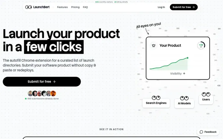 Screenshot of the LaunchBert homepage