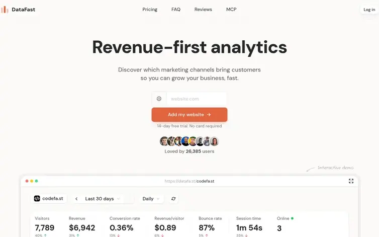 Screenshot of the DataFast homepage