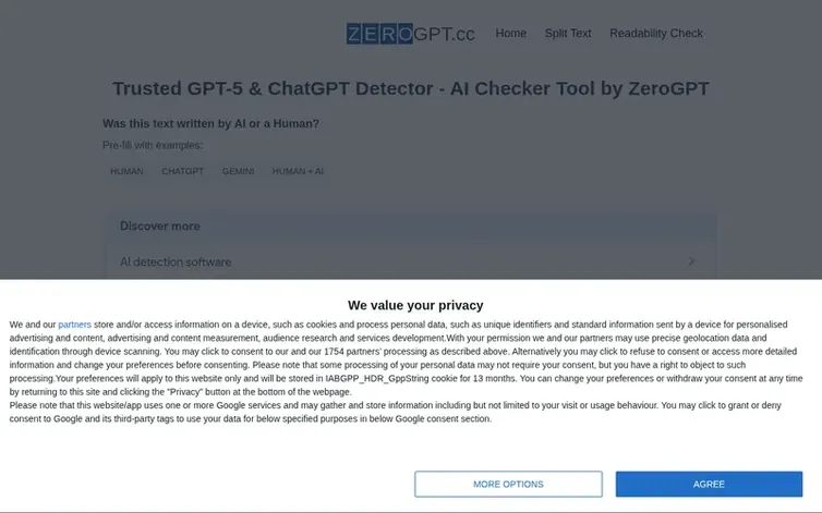 Screenshot of the ZeroGPT homepage