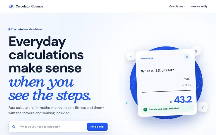Screenshot of the Calculator Cosmos homepage