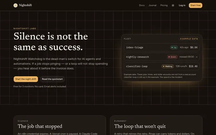 Screenshot of the Nightshift Watchdog homepage
